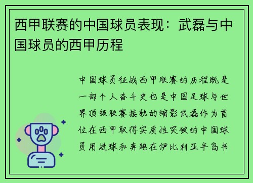 西甲联赛的中国球员表现：武磊与中国球员的西甲历程