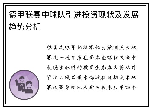 德甲联赛中球队引进投资现状及发展趋势分析